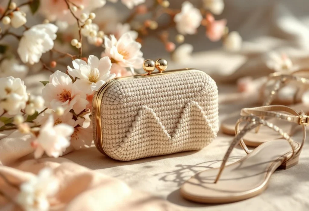 Accessoires qui changent tout : la couronne de fleurs, la minaudière tressée et les sandales à brides
